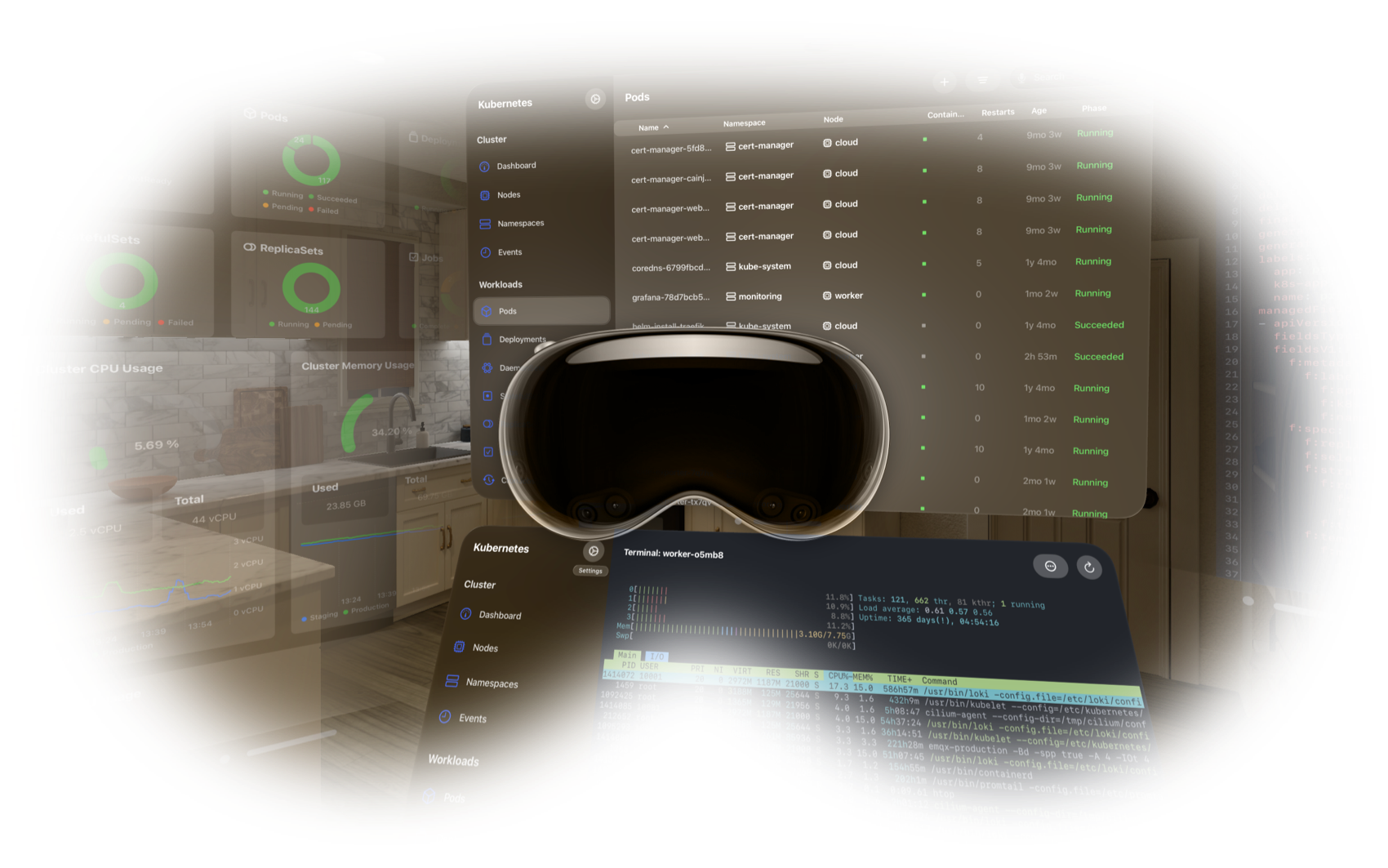 An Apple Vision Pro, revealing a view into a kitchen where a window with a list of kubernetes pods is floating in the air, a terminal running htop is floating beneath it, and a dashboard rendering pie charts, line charts, and gauges floating next to it