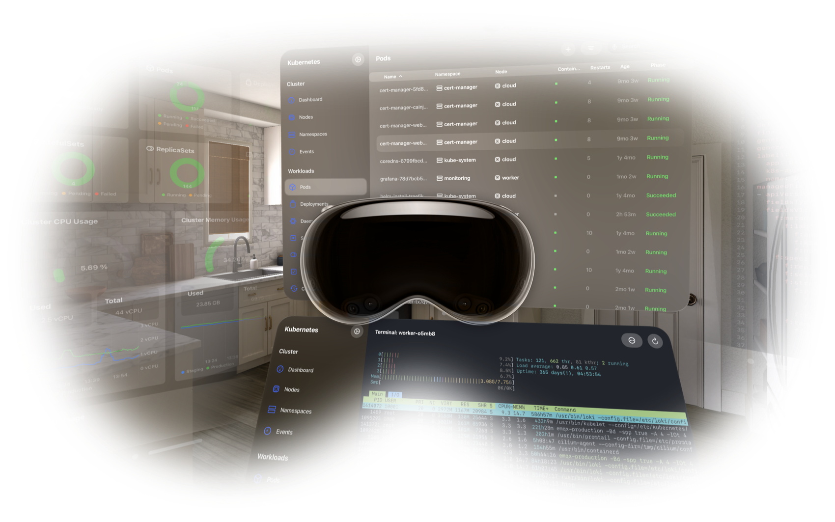An Apple Vision Pro, revealing a view into a kitchen where a window with a list of kubernetes pods is floating in the air, a terminal running htop is floating beneath it, and a dashboard rendering pie charts, line charts, and gauges floating next to it