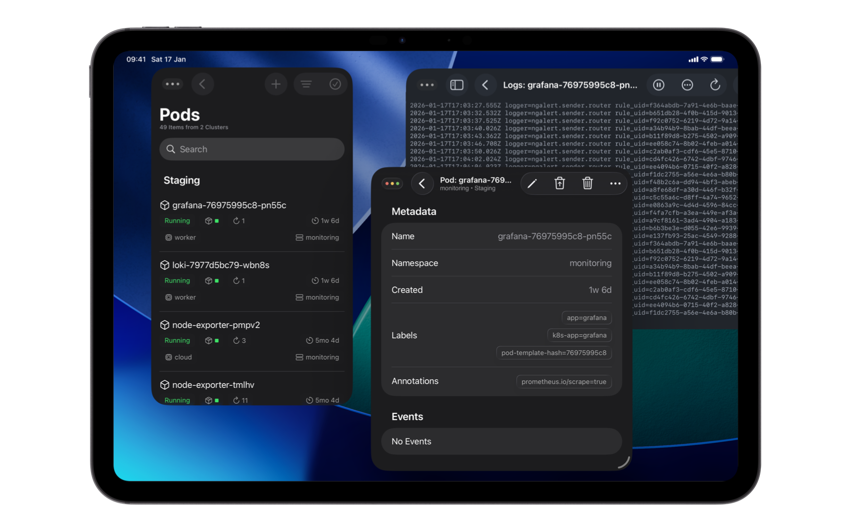 An iPad showing the app's pod list on the left and a pod's logs on the right in split view