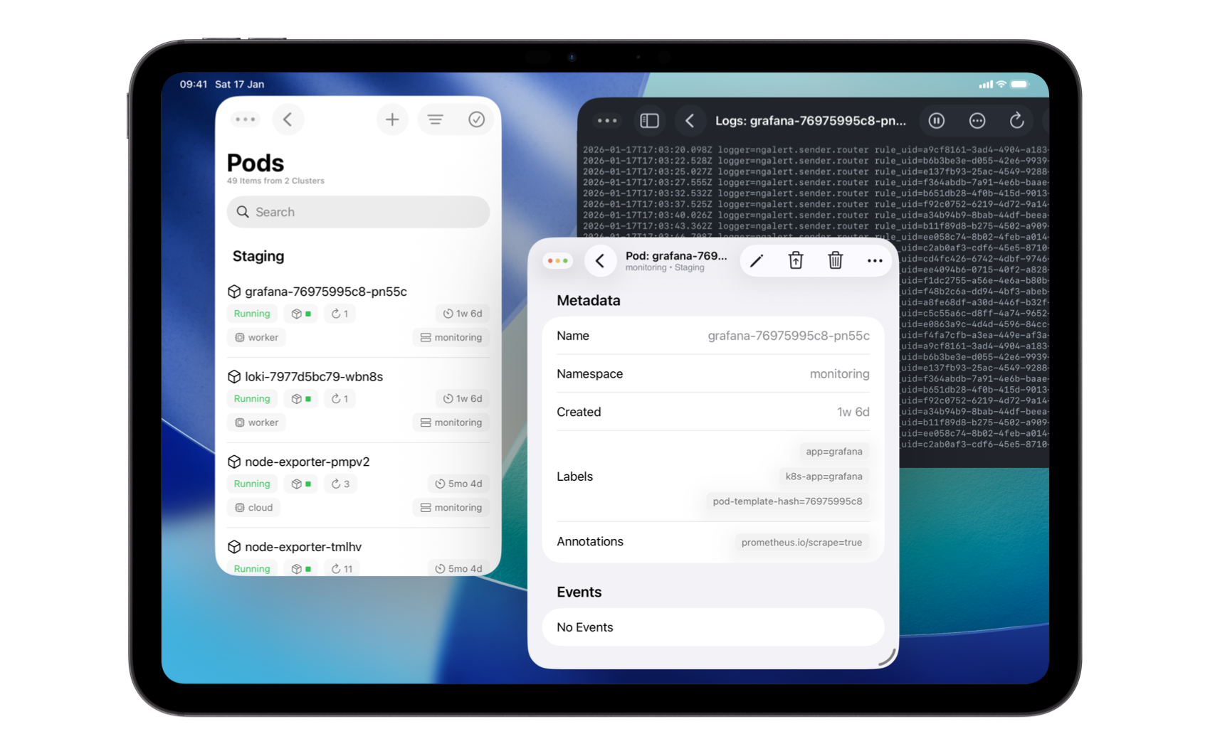 An iPad showing the app's pod list on the left and a pod's logs on the right in split view