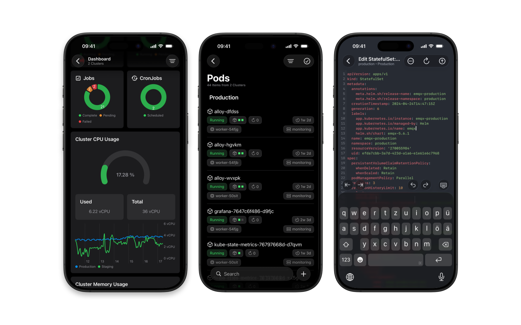 Three iPhones showing the app's overview graphs, pod list view and pod detail view