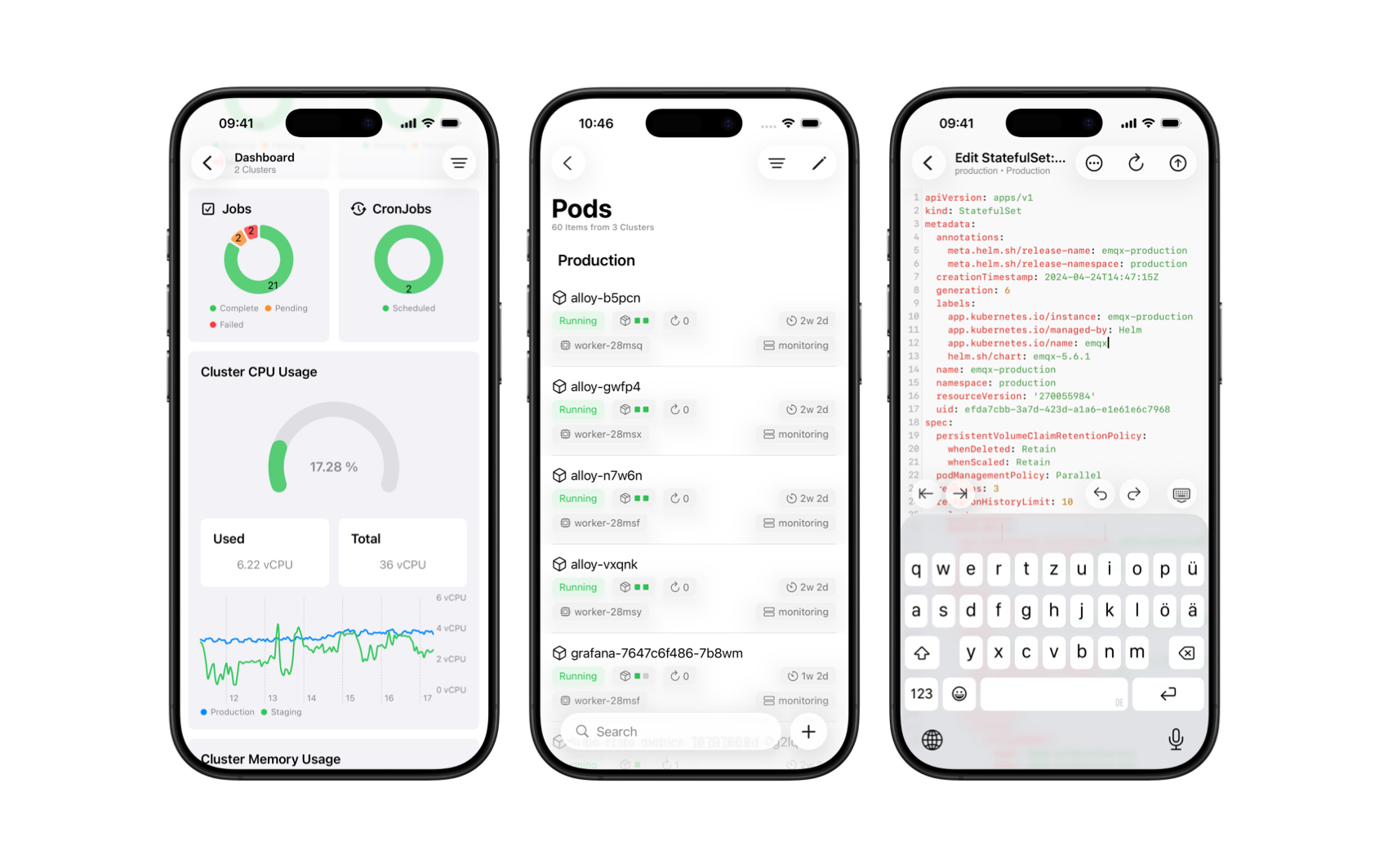 Three iPhones showing the app's overview graphs, pod list view and pod detail view