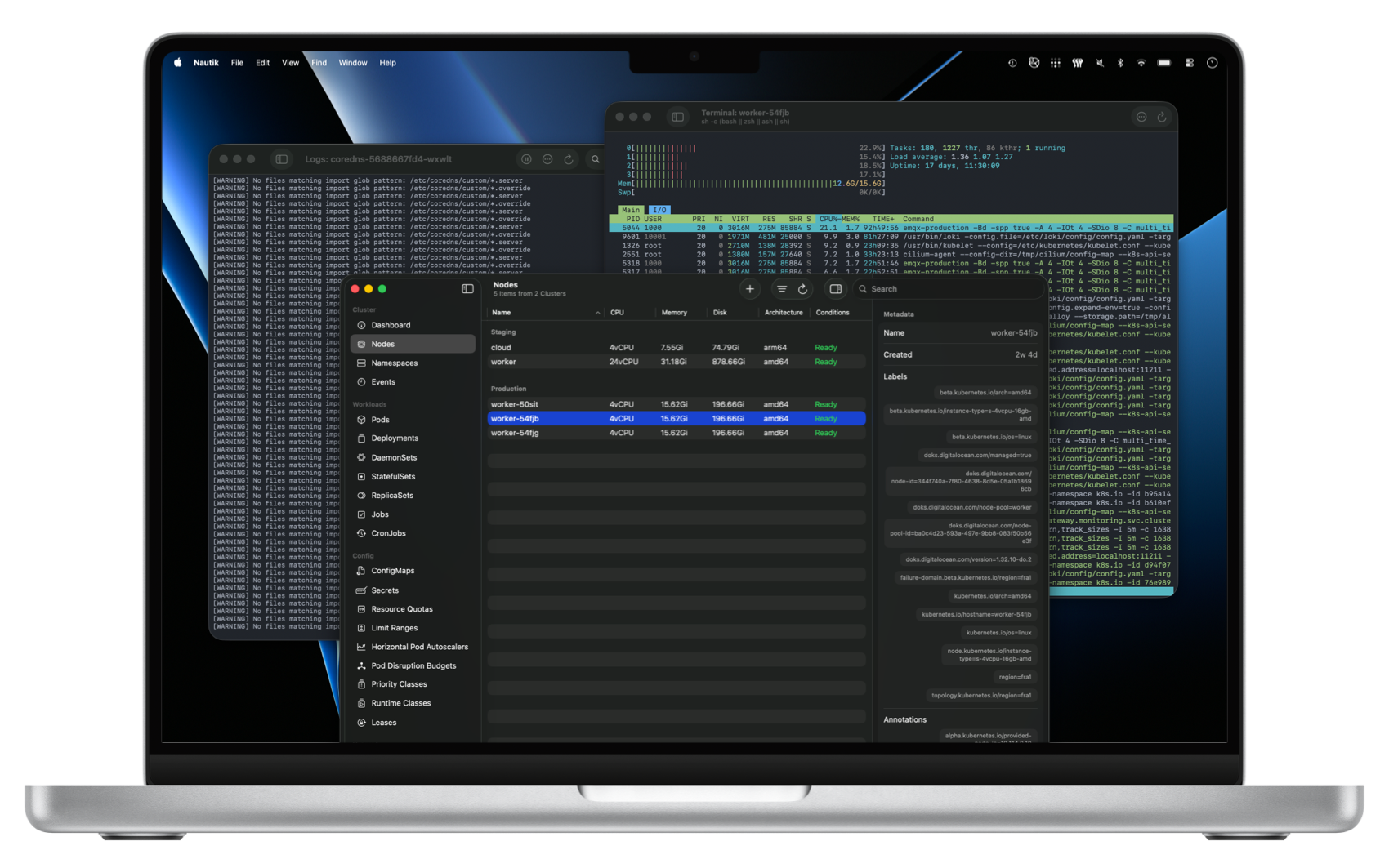 A MacBook Pro showing the app's main window in the front and a terminal detail view and a pod's logs in two separate windows in the back