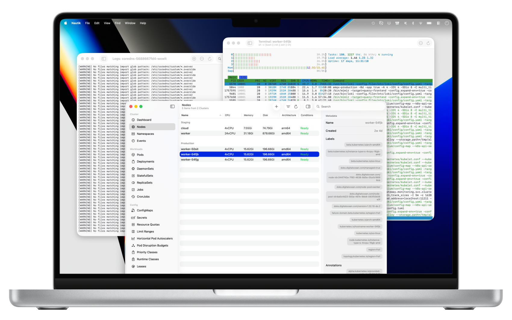 A MacBook Pro showing the app's main window in the front and a terminal detail view and a pod's logs in two separate windows in the back