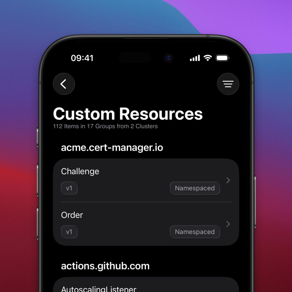 An iPhone showing a categorized list of Kubernetes CRDs