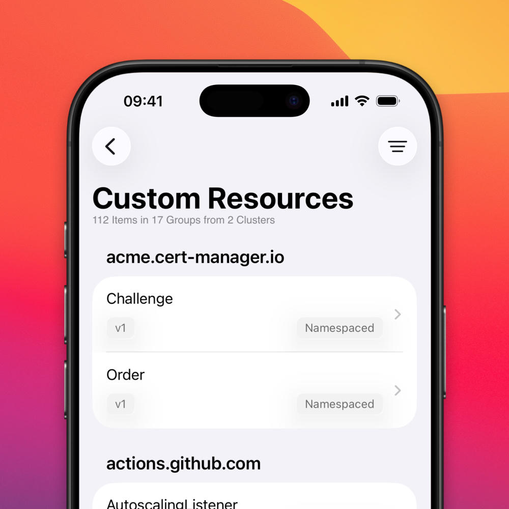 An iPhone showing a categorized list of Kubernetes CRDs