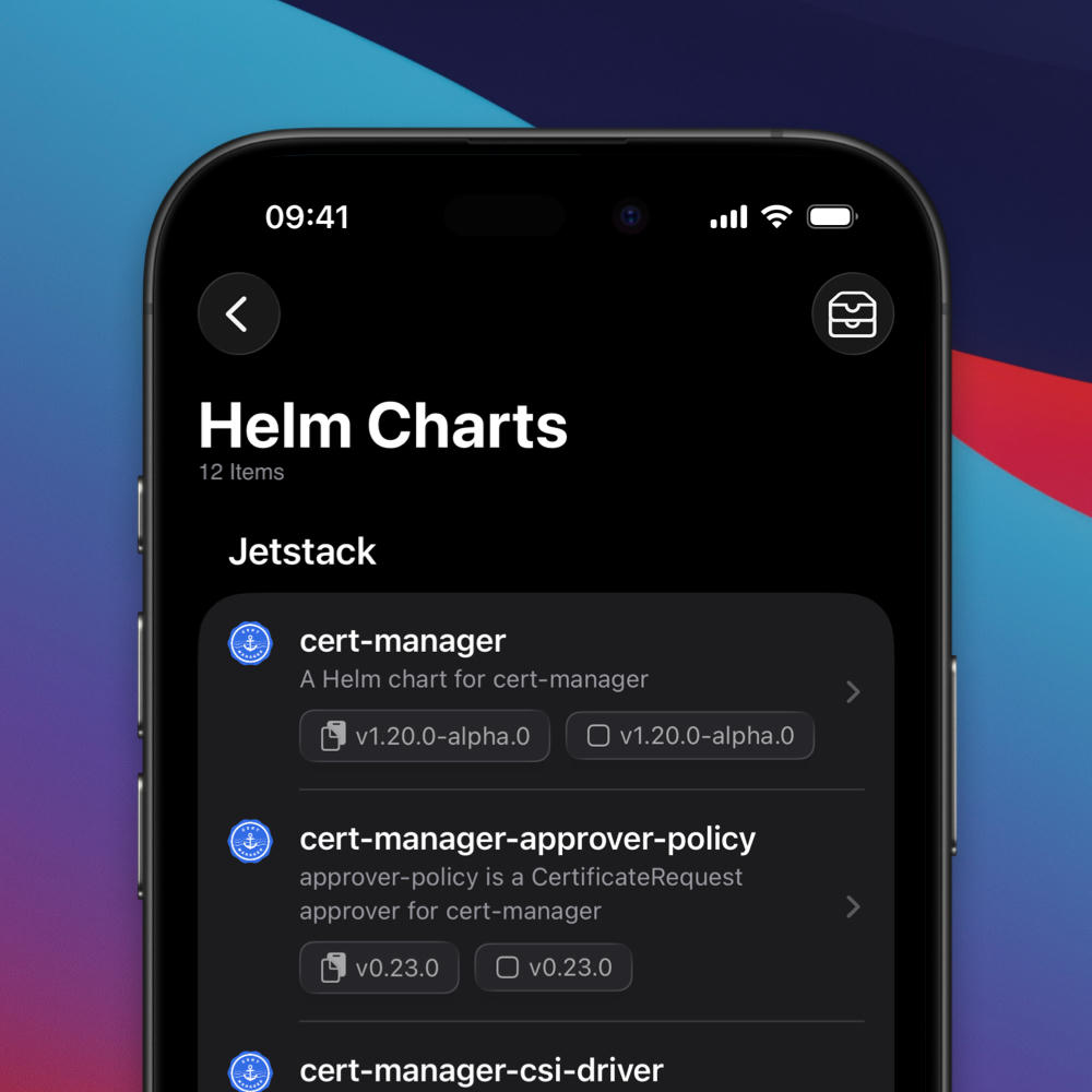 An iPhone showing a list of Helm charts