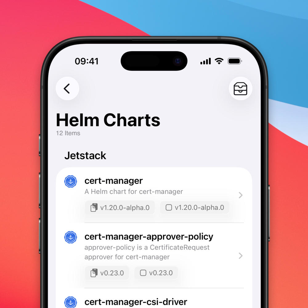 An iPhone showing a list of Helm charts