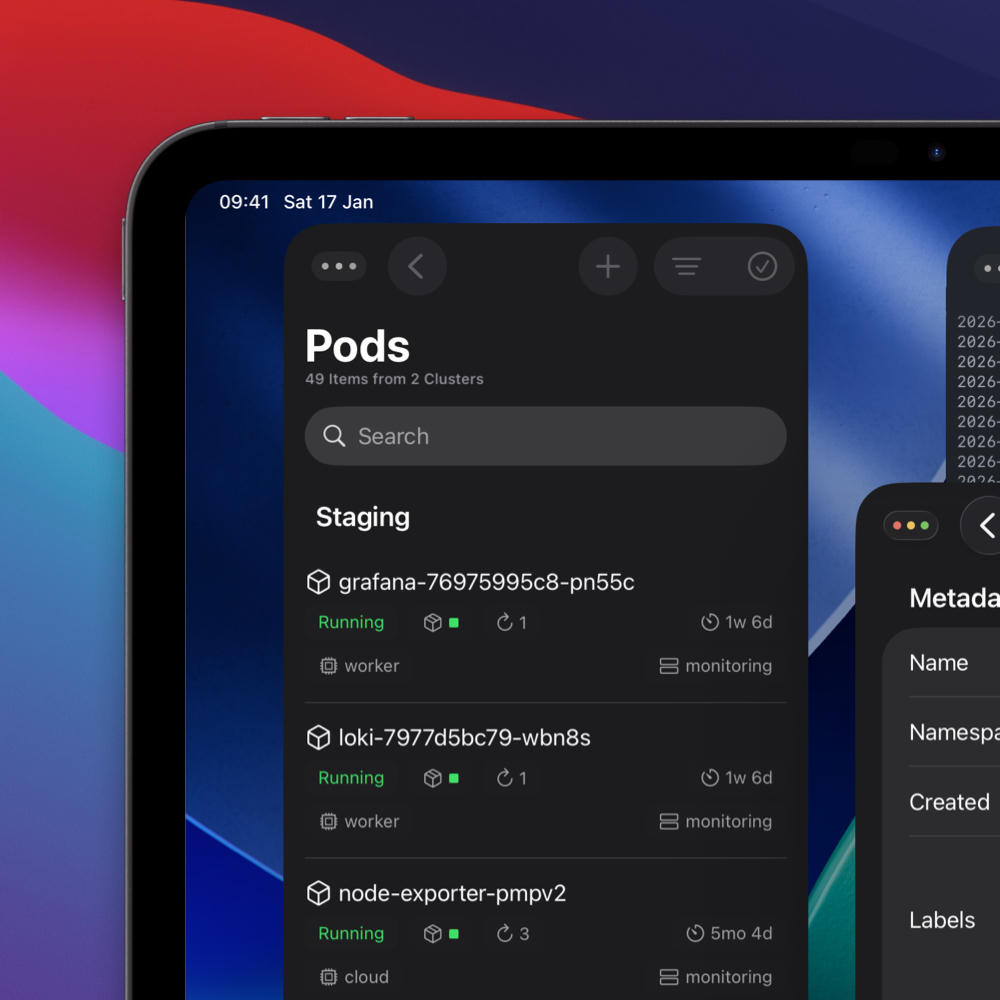 An iPad showing three separate Nautik windows; one with a pod list, one with pod details, and one with a log stream on a terminal