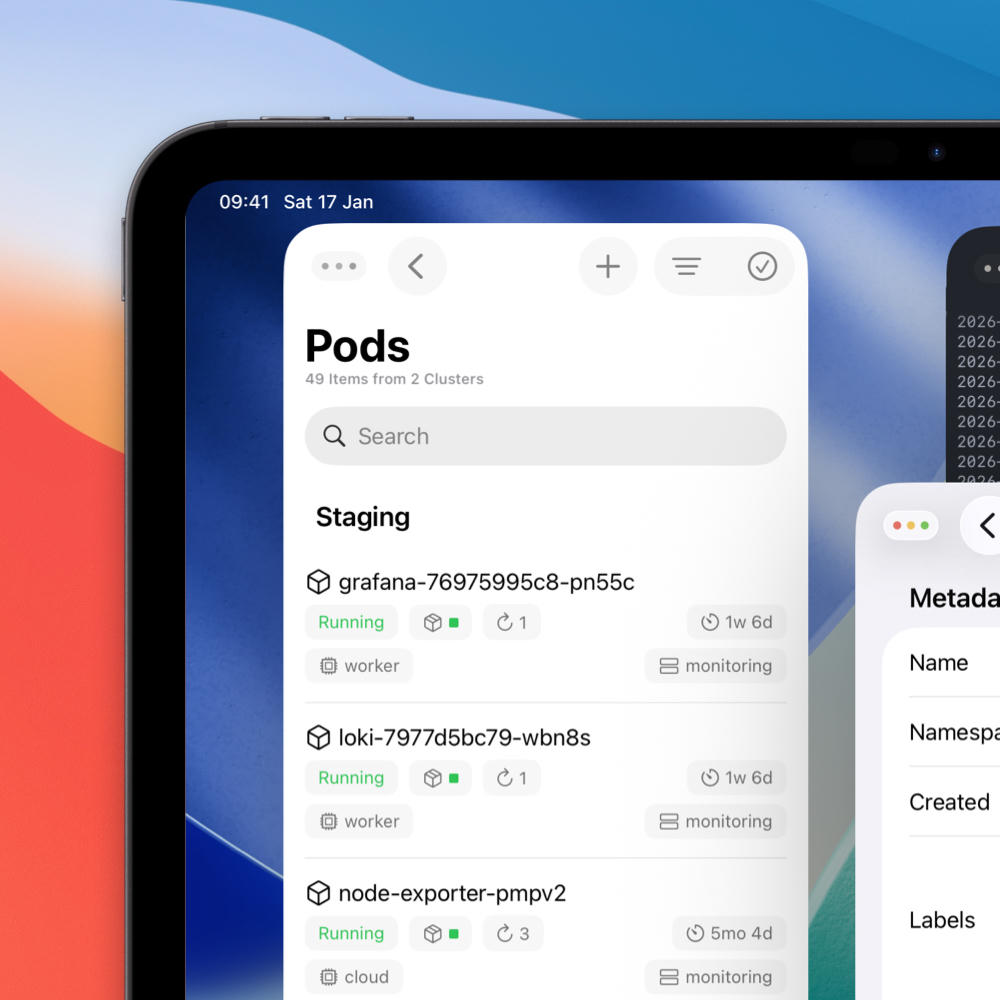 An iPad showing three separate Nautik windows; one with a pod list, one with pod details, and one with a log stream on a terminal