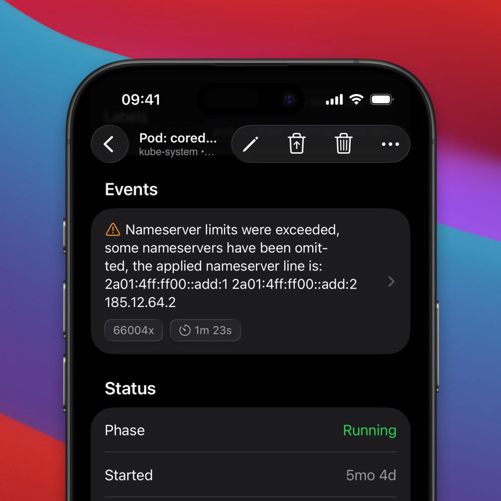 An iOS app detail view showing several metadata features of a Kubernetes pod, rendered in an iOS-native design