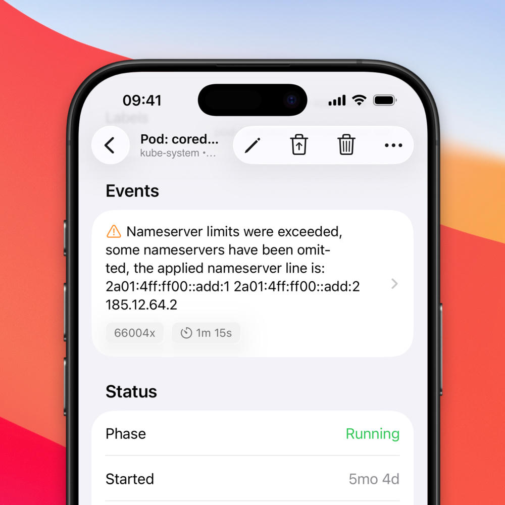 An iOS app detail view showing several metadata features of a Kubernetes pod, rendered in an iOS-native design