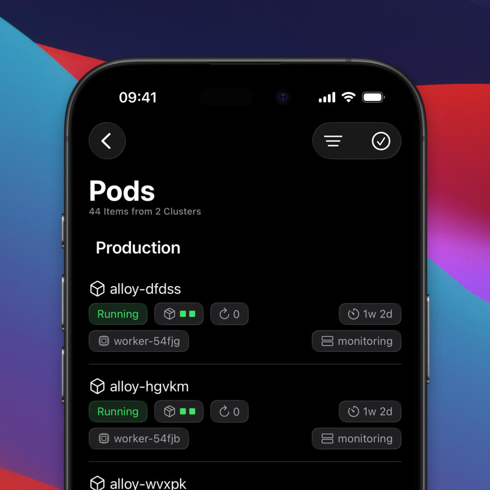 An iPhone showing a list of pods
