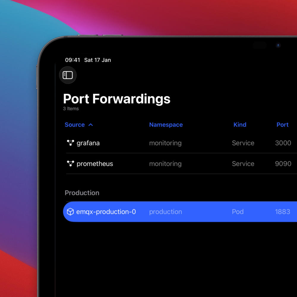 An iPad showing a list of Kubernetes port forwardings