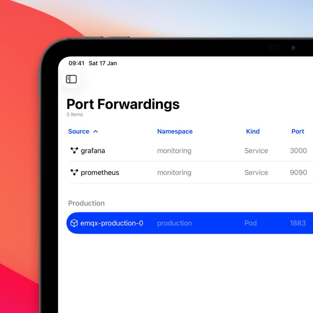 An iPad showing a list of Kubernetes port forwardings