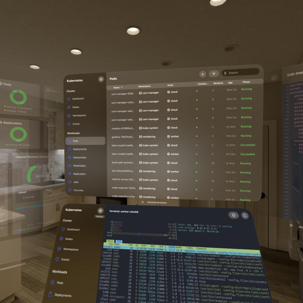 A view into a kitchen where a window with a list of Kubernetes pods is floating in the air, a terminal running htop is floating beneath it, and a dashboard with pie charts, line charts, and gauges is floating next to it