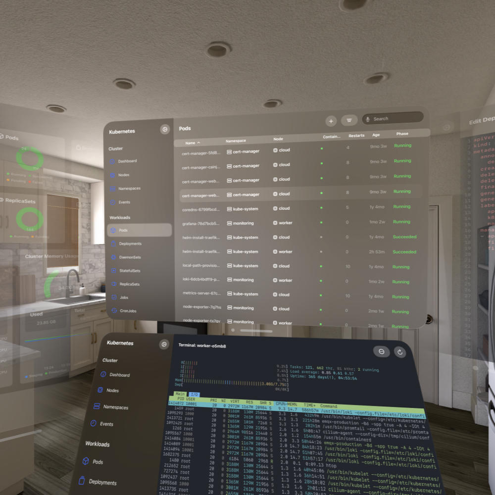 A view into a kitchen where a window with a list of Kubernetes pods is floating in the air, a terminal running htop is floating beneath it, and a dashboard with pie charts, line charts, and gauges is floating next to it