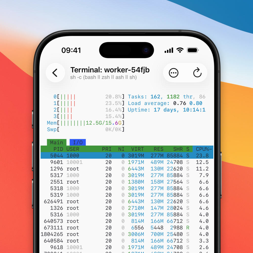 An iPhone showing a terminal that is attached to a TTY inside a pod