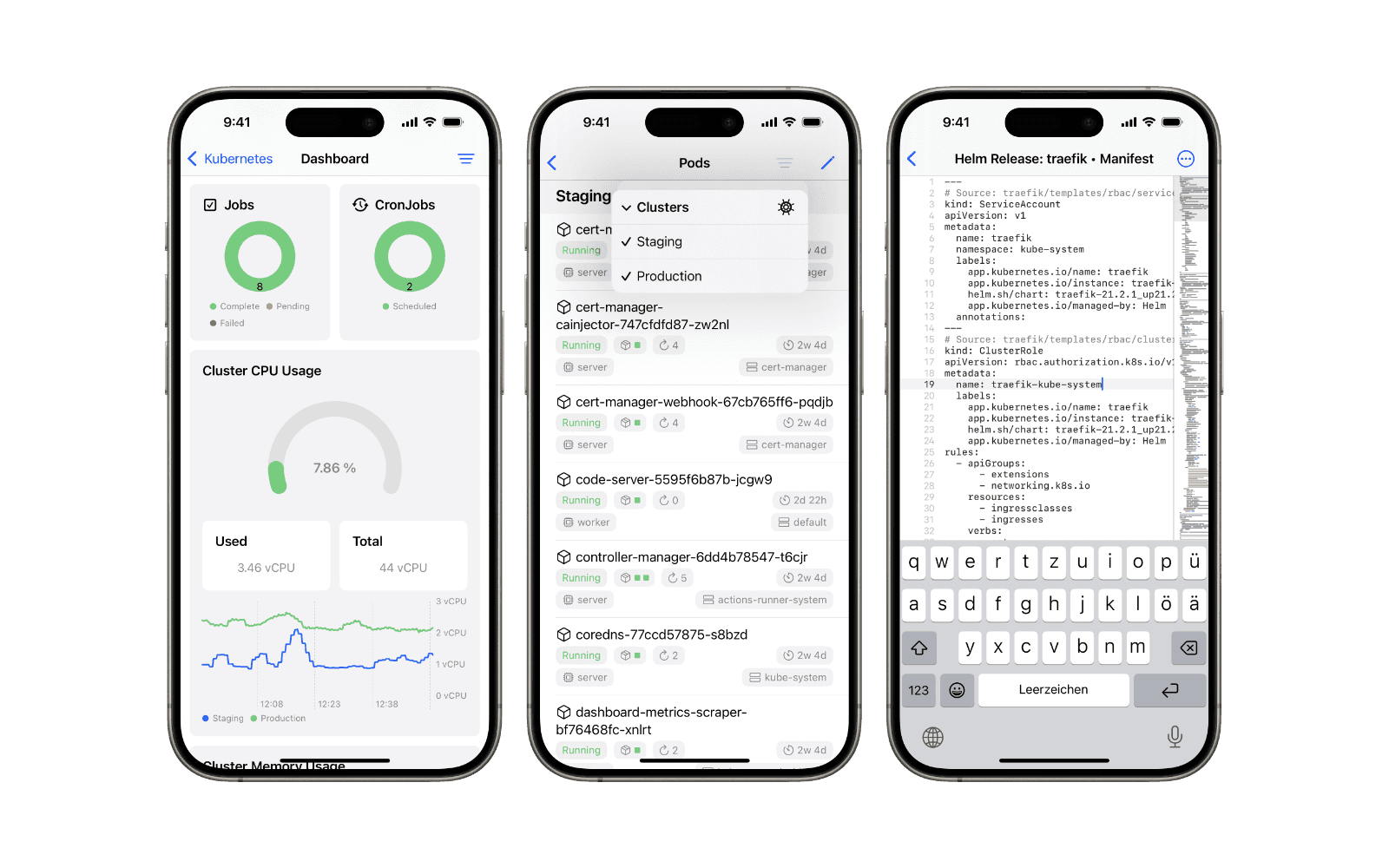 Three iPhones showing the app's overview graphs, pod list view and pod detail view