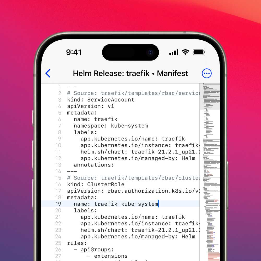 An iPhone showing a text editor with a minimap editing Kubernetes YAML