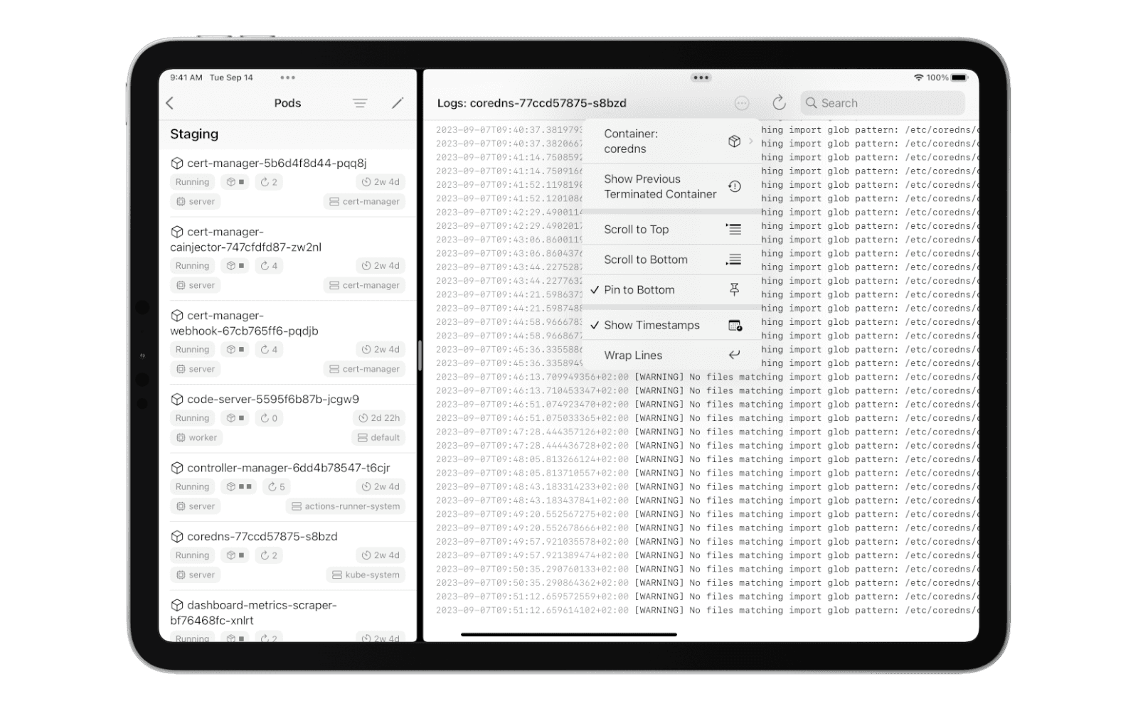 An iPad showing the app's pod list on the left and a pod's logs on the right in split view