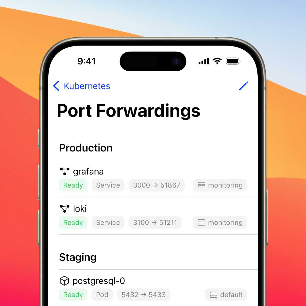 An iPhone showing a list of Kubernetes port forwardings