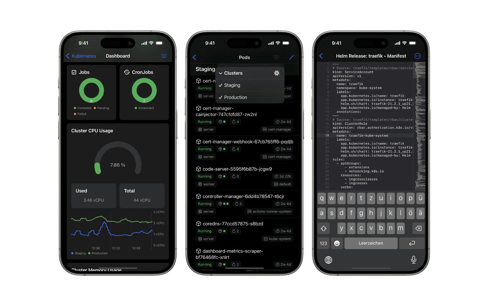 Three iPhones showing the app's overview graphs, pod list view and pod detail view