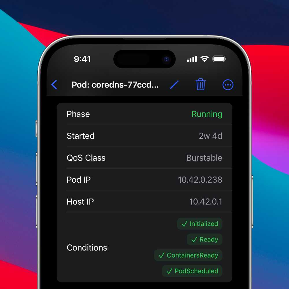 An iOS app detail view showing several metadata features of a Kubernetes pod, rendered in an iOS-native design