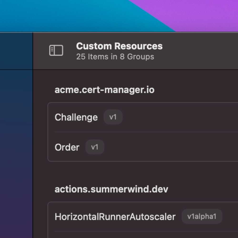 A macOS window showing a categorized list of Kubernetes CRDs